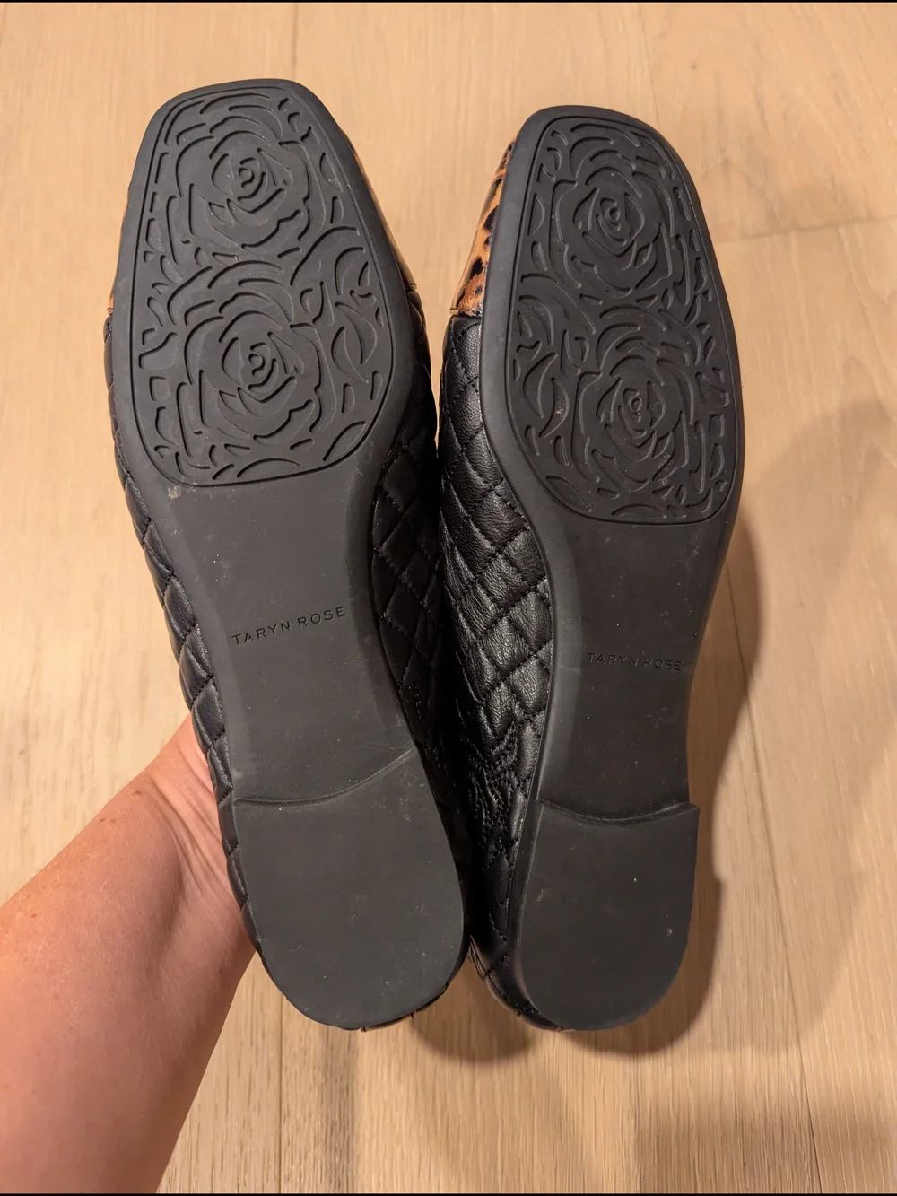 Taryn Rose Quilted Black Flats with Leopard Cap Toe